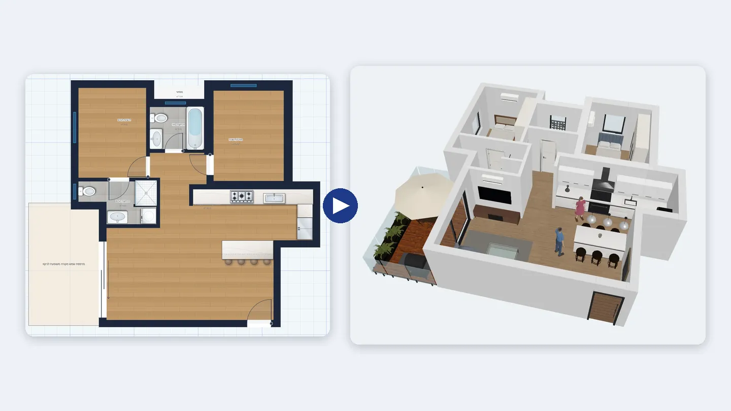 A real apartment floor plan drawn in the ArchHomeAI 2D editor next to the furnished 3D model built from it