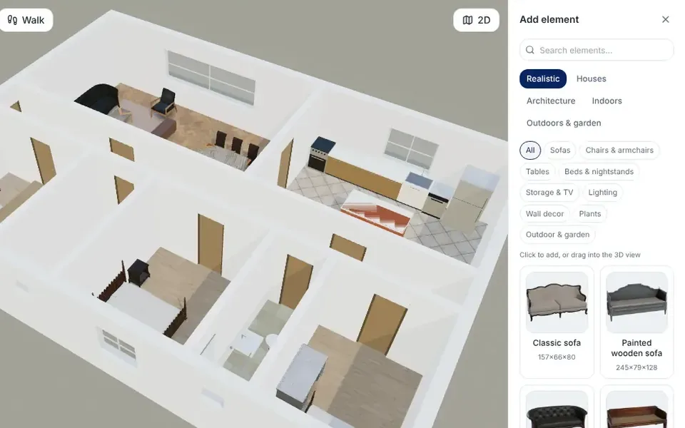 The Realistic tab of the 3D library with categories such as sofas, chairs, tables, beds, lighting and plants