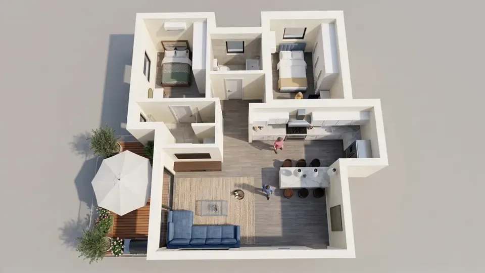 Frame of an AI video: a furnished apartment seen from above, with people walking in the living room