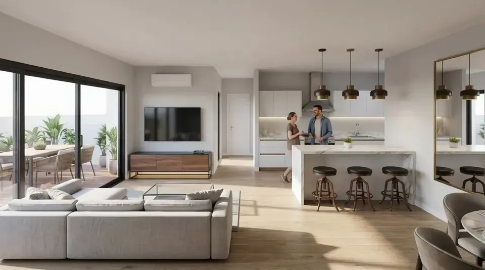 Frame of an AI interior video: an open living room and kitchen with a couple talking at the island