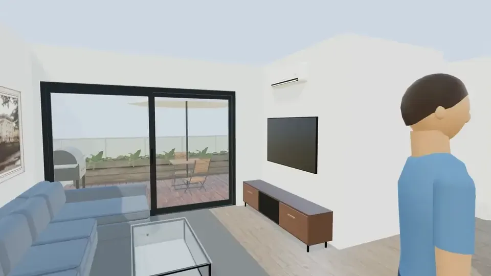 The 3D auto tour at eye level in a living room, looking out to a balcony