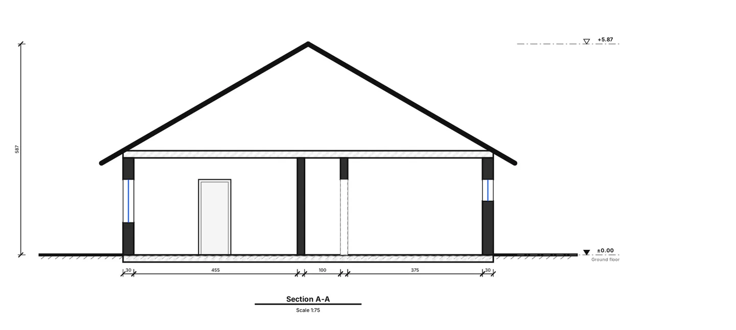 Section A-A of the sample house: cut walls in solid black, window gaps, hatched floor and ceiling slabs, the gable roof profile and a dimension chain