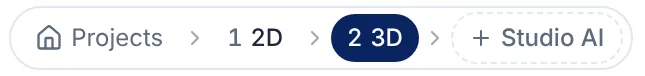 The project flow bar: Projects, 1 2D, 2 3D and Studio AI