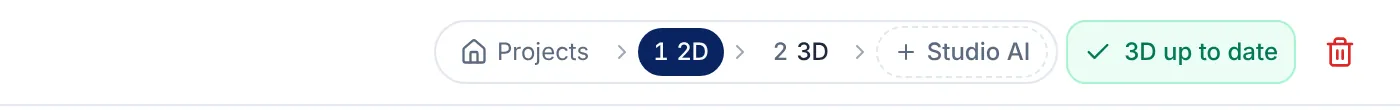 The 2D editor header with the project flow bar and the Create linked 3D button