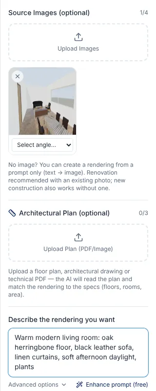 AI Studio input panel: upload images, take a photo, select the angle, upload a plan and describe the rendering
