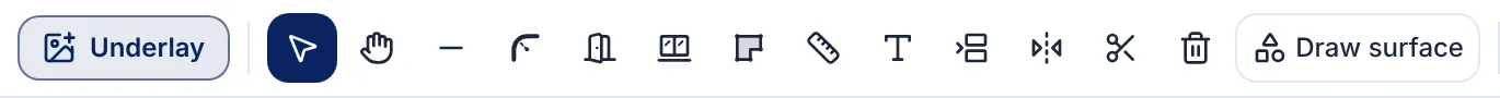 Left part of the 2D toolbar: Underlay, Select, Pan, Wall, Round corner, Door, Window, Room, Dimension, Text, Offset, Mirror, Trim, Delete and Draw surface