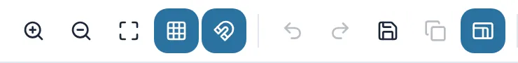 Middle of the 2D toolbar: zoom in, zoom out, fit, grid, snap, undo, redo, save, duplicate and the dimensions switch