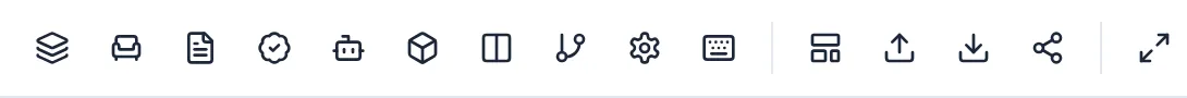 Right part of the 2D toolbar: layers, add element, schedules, QA, AI, 3D, side by side, versions, settings, keyboard shortcuts, sheet, import, export, share and full screen