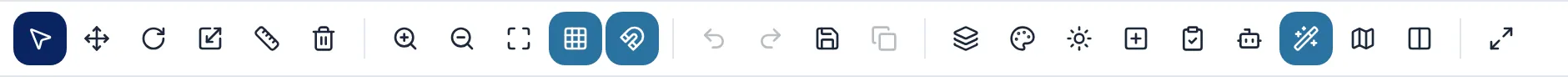 The 3D toolbar: select, move, rotate, resize, measure, delete, zoom, reset view, grid, snap, undo, redo, save, duplicate, layers, materials, lighting, add element, QA, AI, realistic look, 2D plan, side by side and full screen