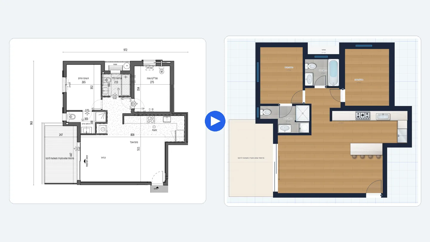 Left: a developer's floor plan sheet of a two-bedroom apartment with dimensions. Right: the same apartment as an editable plan in the ArchHomeAI 2D editor