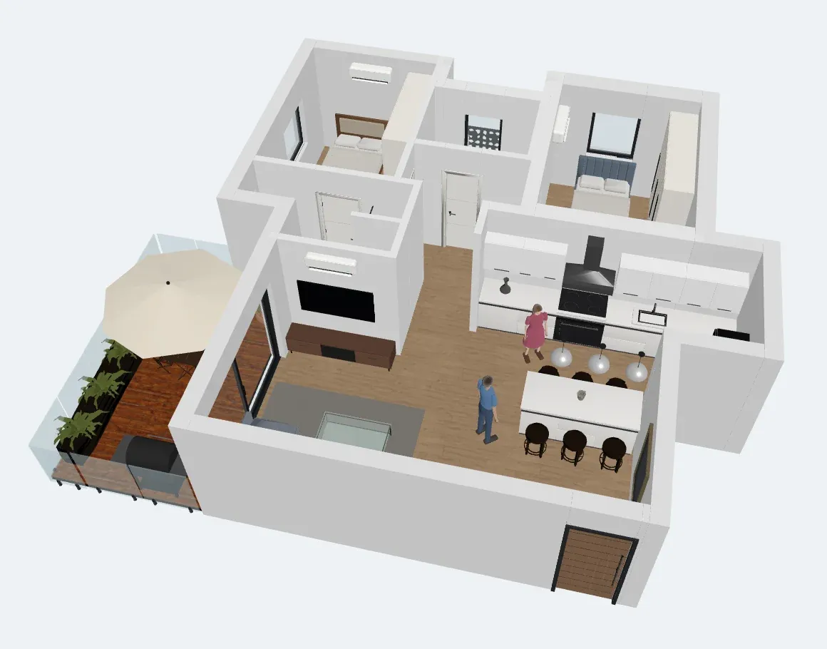3D model of the imported apartment seen from above at an angle, with walls, floors, kitchen and bathroom fixtures
