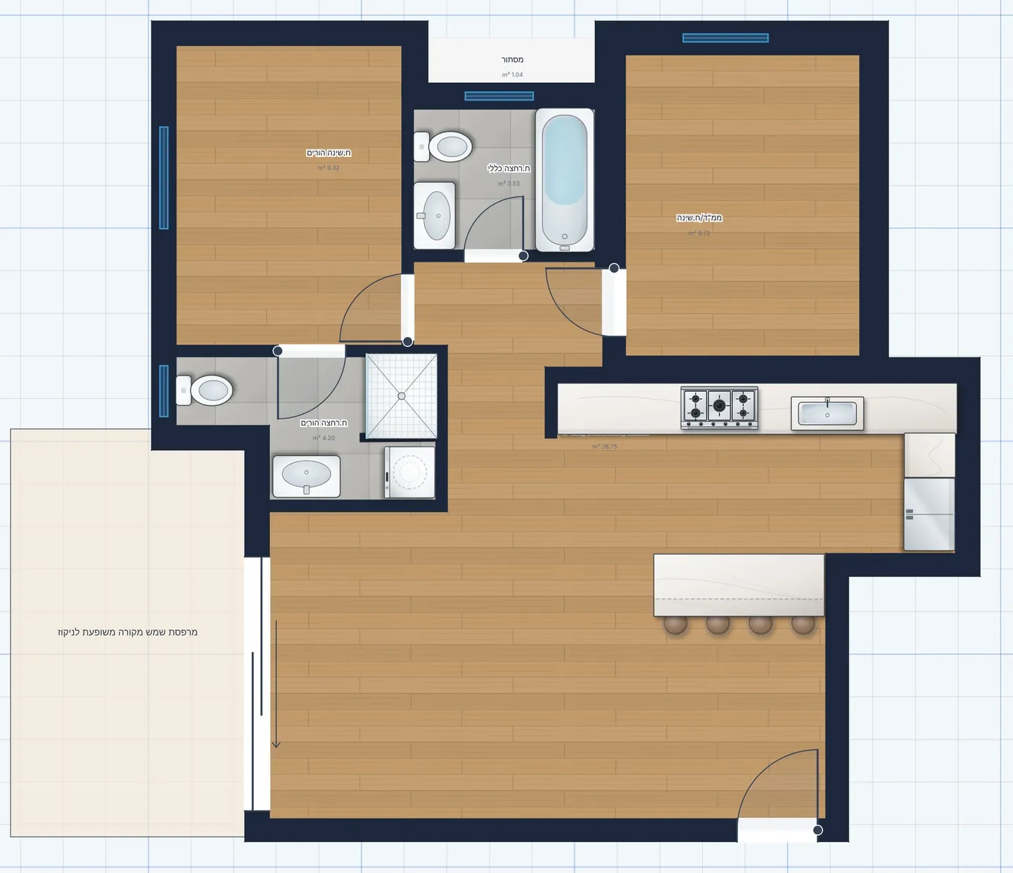 The same apartment in the ArchHomeAI 2D editor with dark walls, doors with swings, windows, bathroom and kitchen fixtures and room areas in square metres