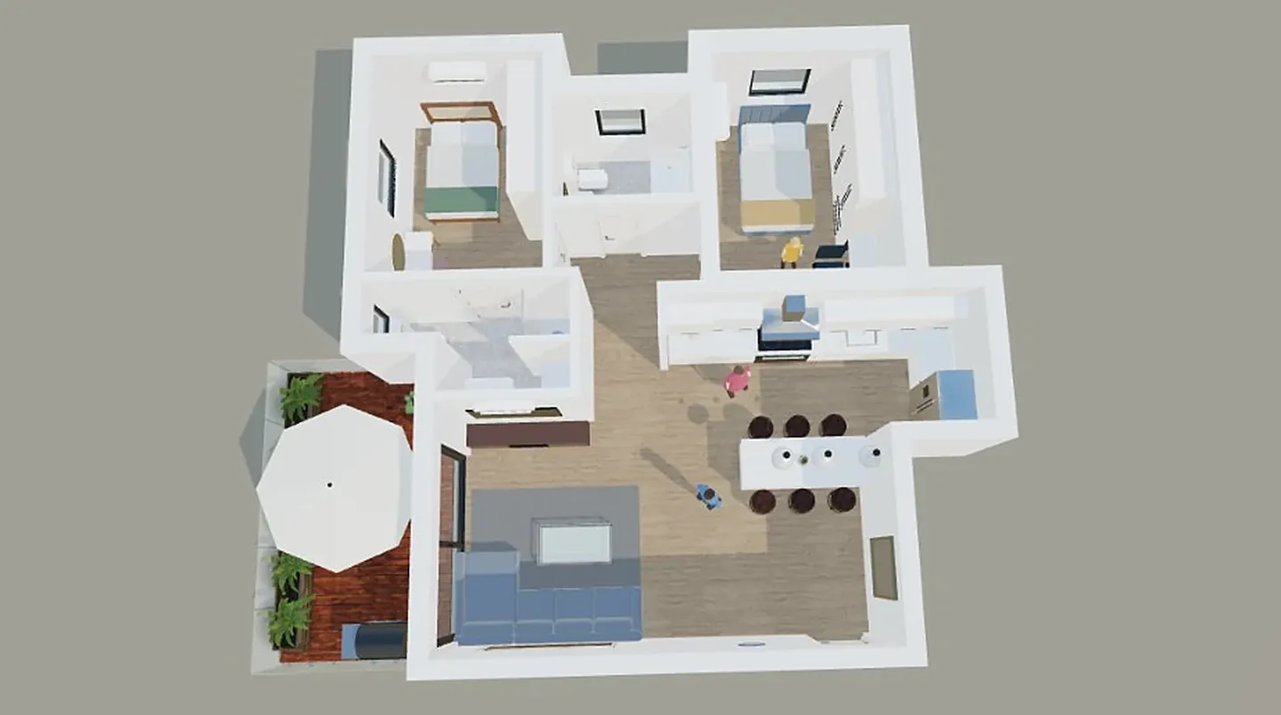 Top view of the apartment's 3D model with simple furniture and flat colours, the view sent to the AI