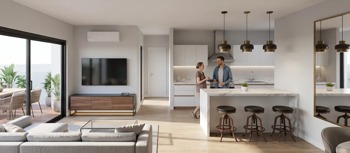 Photorealistic AI interior of the same living room and kitchen with pendant lights, marble island and two people