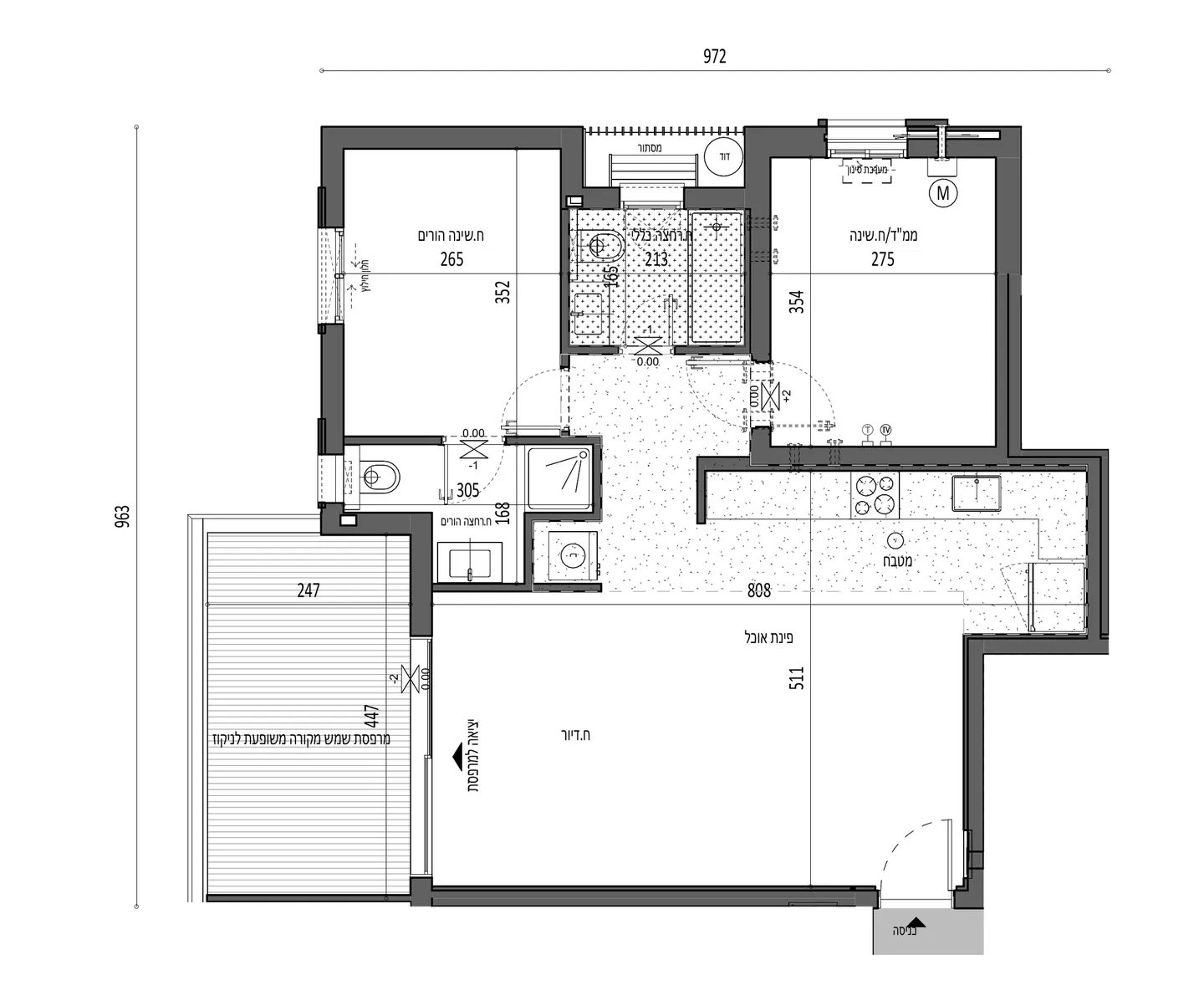 Black-and-white developer's sales floor plan of a three-room apartment with dimensions in centimetres