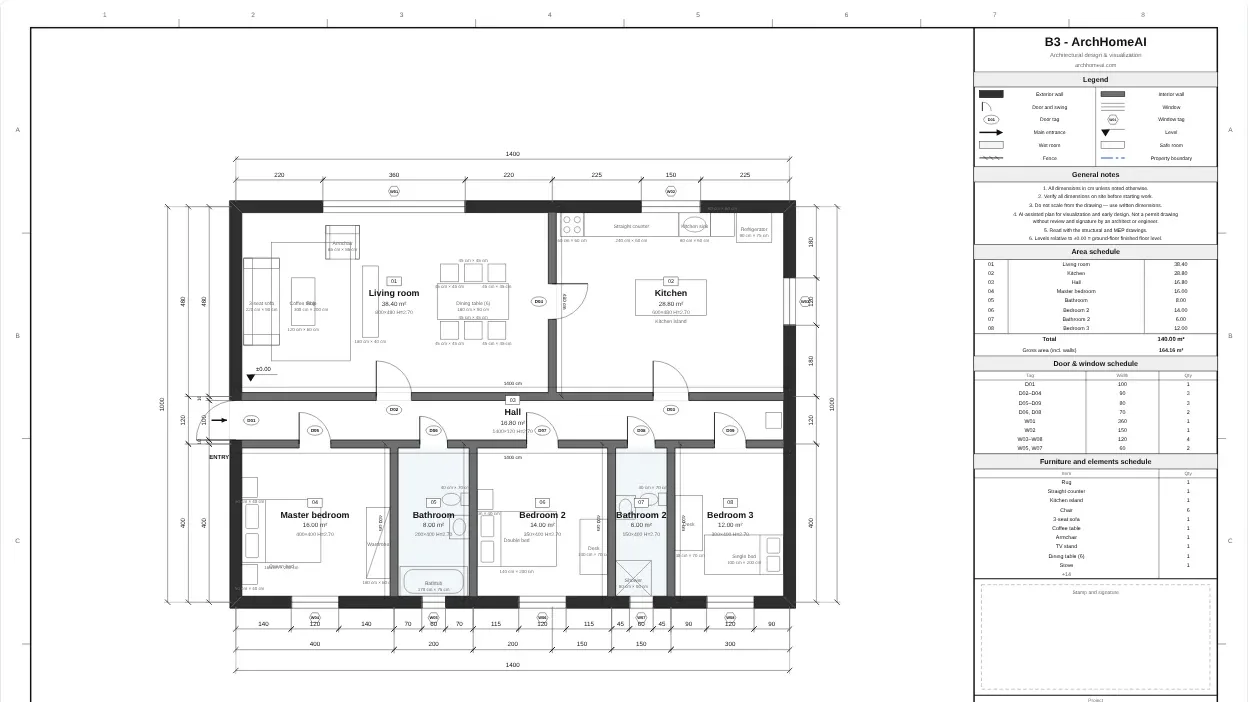 A dimensioned family-house floor plan on ArchHomeAI's architectural sheet, with dimension chains on all four sides, room tags and a title block