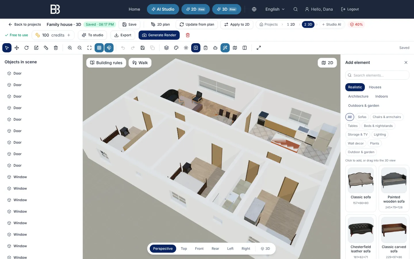 The 3D editor with the Add element panel showing realistic sofa models