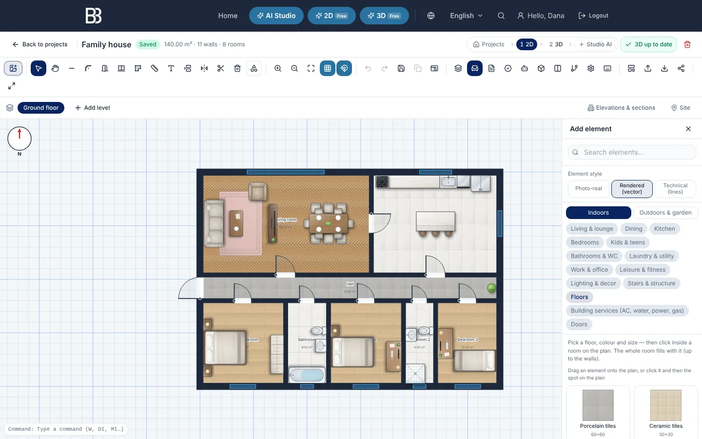 The Add element panel open on the Floors group, next to a plan whose rooms have parquet, tile and marble floors