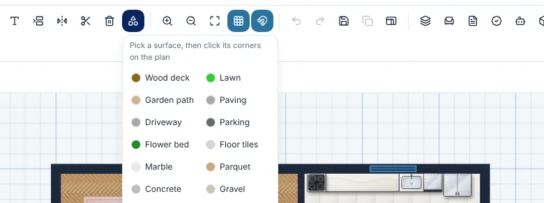 The Draw surface list: wood deck, lawn, garden path, paving, driveway, parking, flower bed, floor tiles, marble, parquet, concrete and gravel