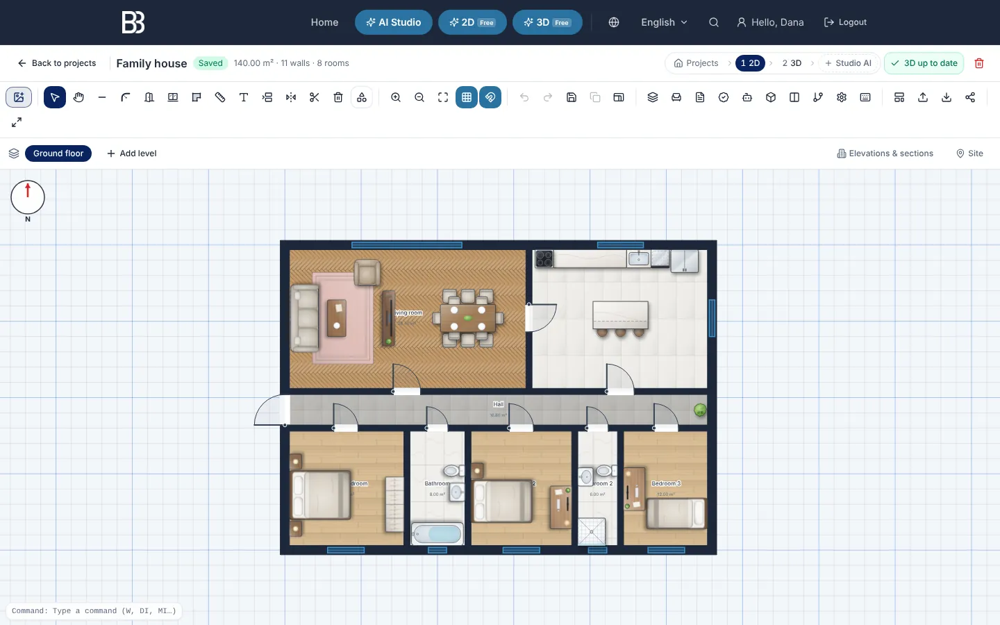 The 2D editor with a furnished 140 m² house plan: toolbar, levels bar, flow bar and the drawing