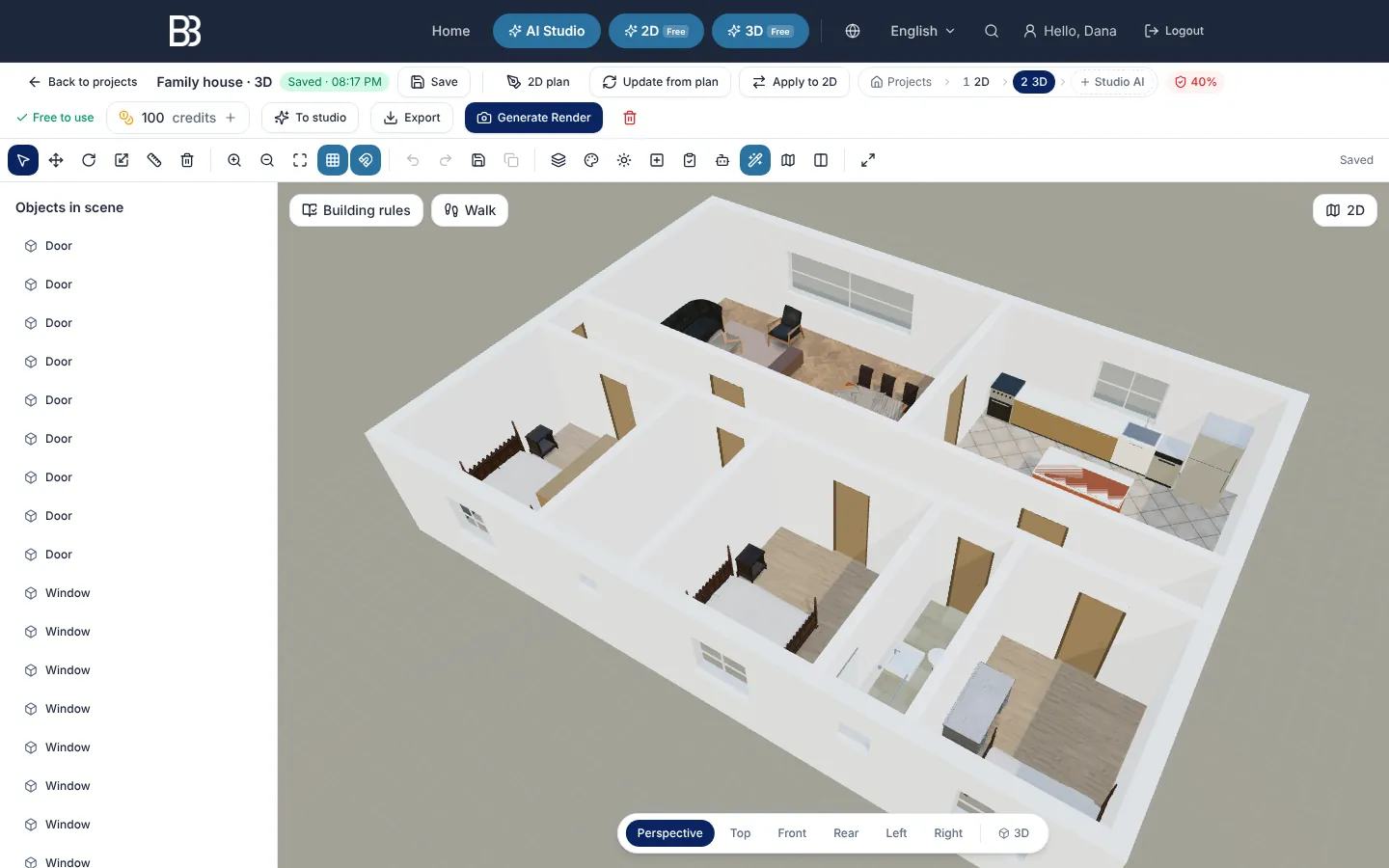 The ArchHomeAI 3D editor with a family house seen from above, the Walk button at the top left of the view and the Export menu in the top bar