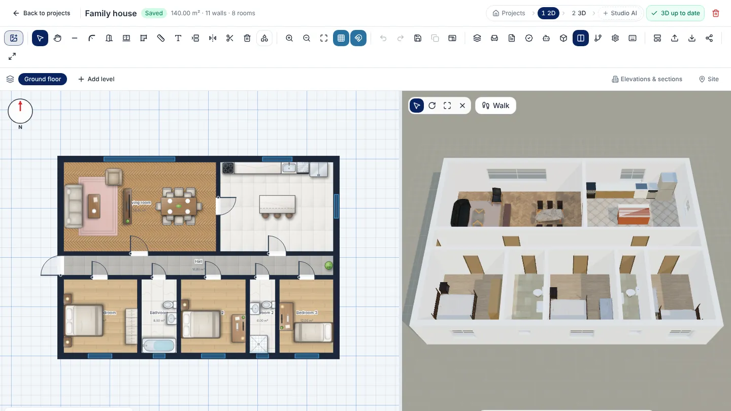 The ArchHomeAI 2D editor with a furnished family-house floor plan on the left and the live 3D model of the same house on the right