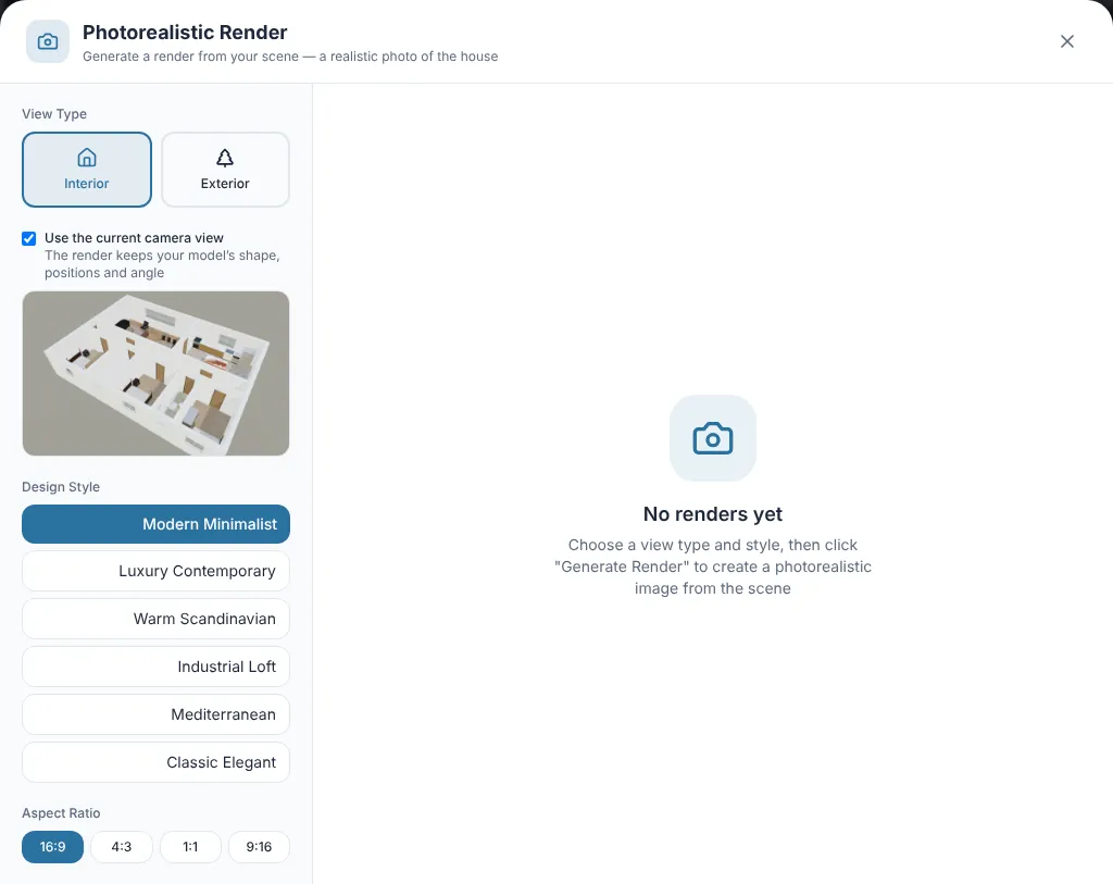 The Photorealistic Render dialog of the ArchHomeAI 3D editor with Interior and Exterior, Use the current camera view and design styles