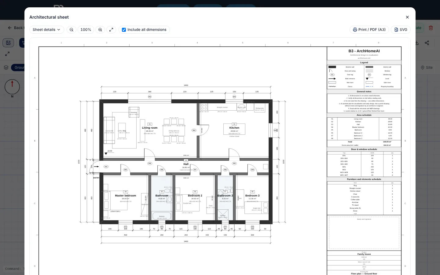 The Architectural sheet window in ArchHomeAI: a dimensioned floor plan with room tags, legend, area and door schedules and a title block