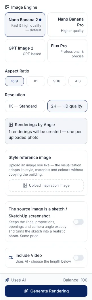 AI Studio settings: image engine, aspect ratio, resolution, renderings by angle, style reference image, sketch mode, video and the Generate Rendering button