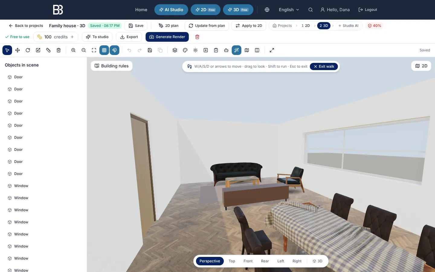 Walk mode inside the living room: herringbone floor, a black leather sofa, an armchair and a dining table, with the walking controls at the top
