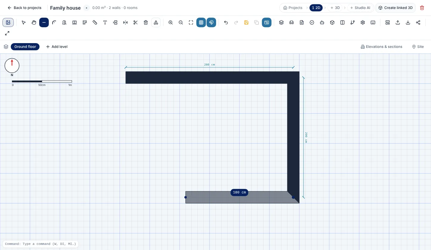 Drawing walls in the 2D editor: the wall being drawn shows 180 cm, the finished walls show 280 cm and 200 cm dimension lines