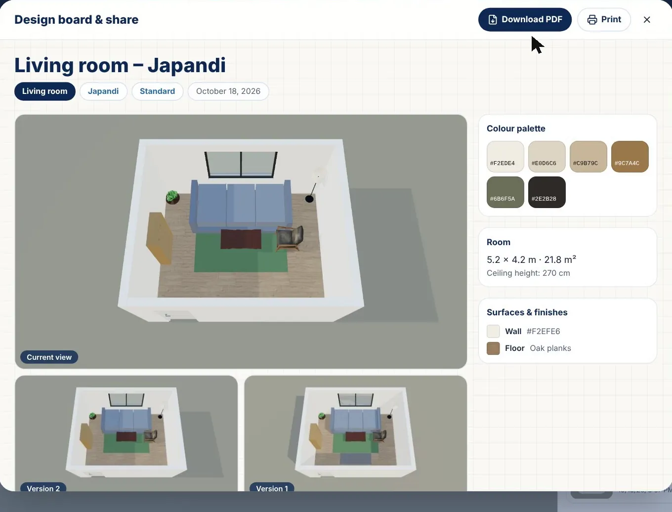 The design board: room name, space, style and budget, the current view, two versions, the colour palette, room size and finishes