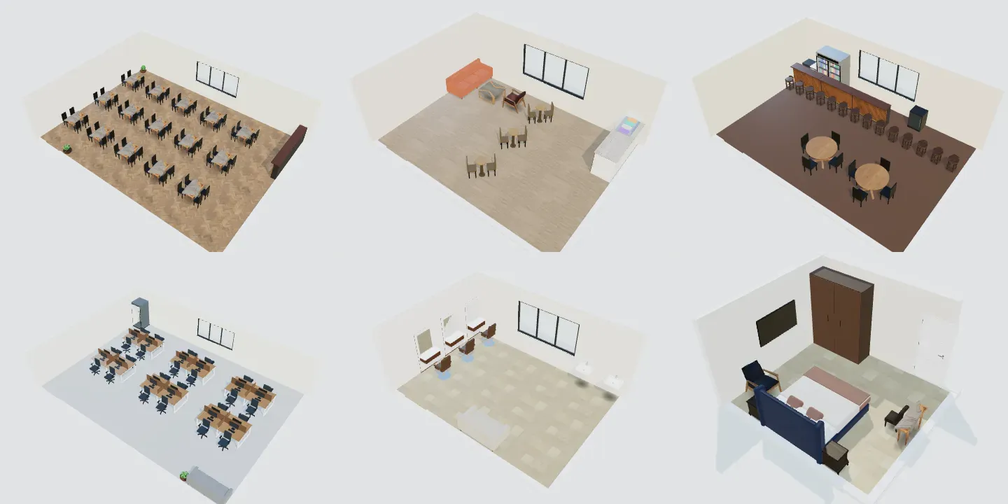 Ready layouts for business spaces: restaurant, café, bar, tech office, beauty salon and hotel room
