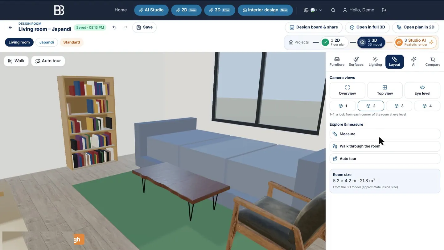 Eye-level view inside the living room, with the Layout tab showing camera views, Measure, Walk through the room and the room size