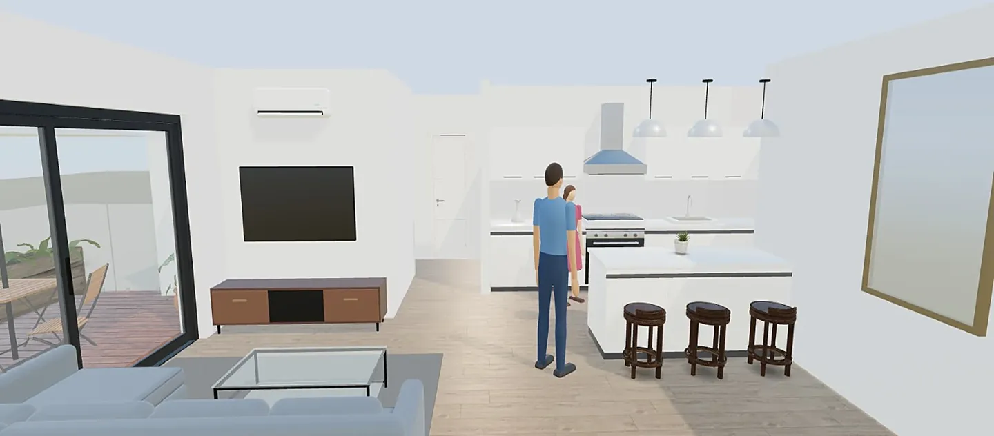 A 3D model view of an open-plan living room and kitchen with simple furniture