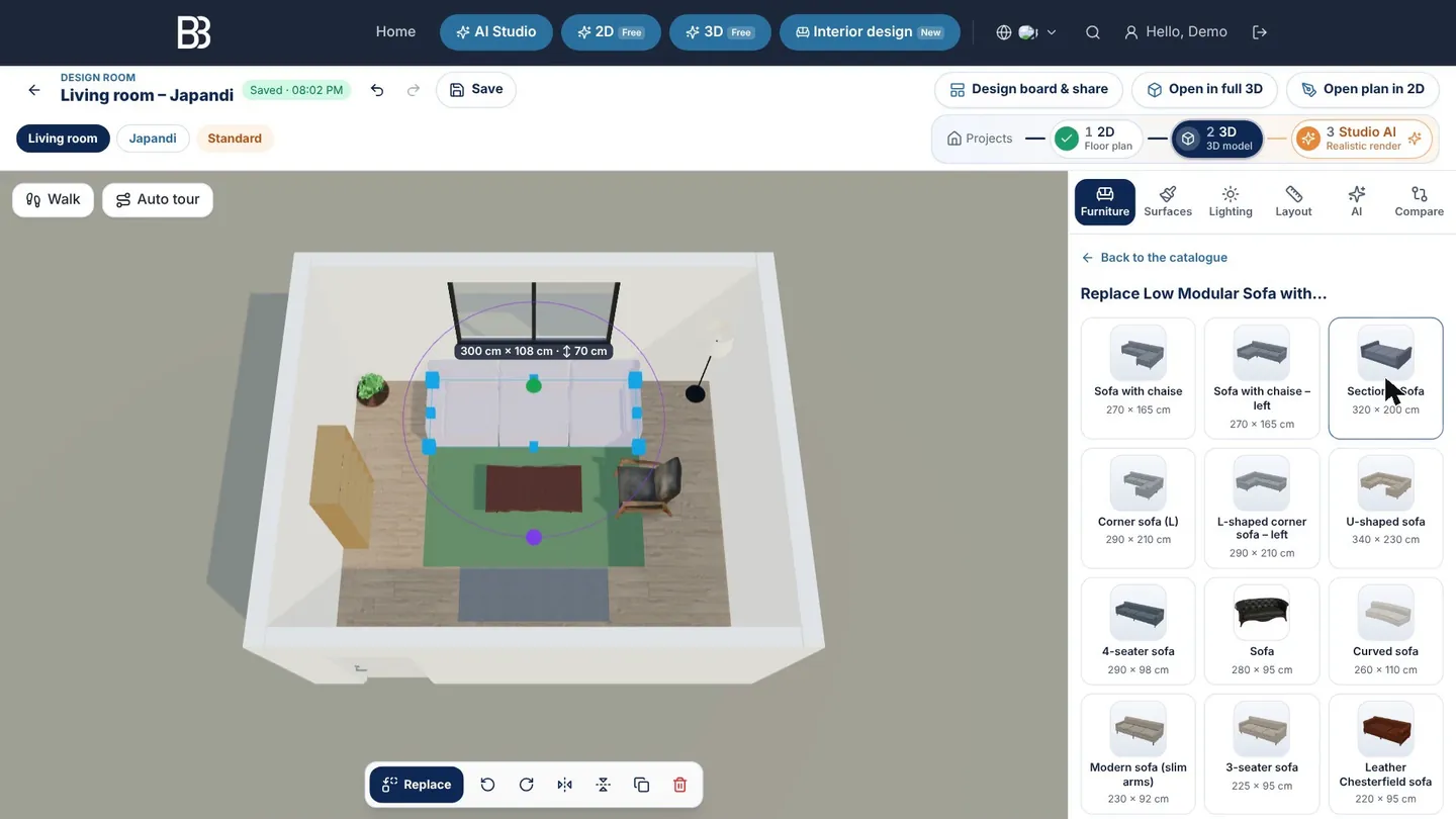 The design room: a 3D living room with the sofa selected, the Replace list of sofas on the right and the selection bar below