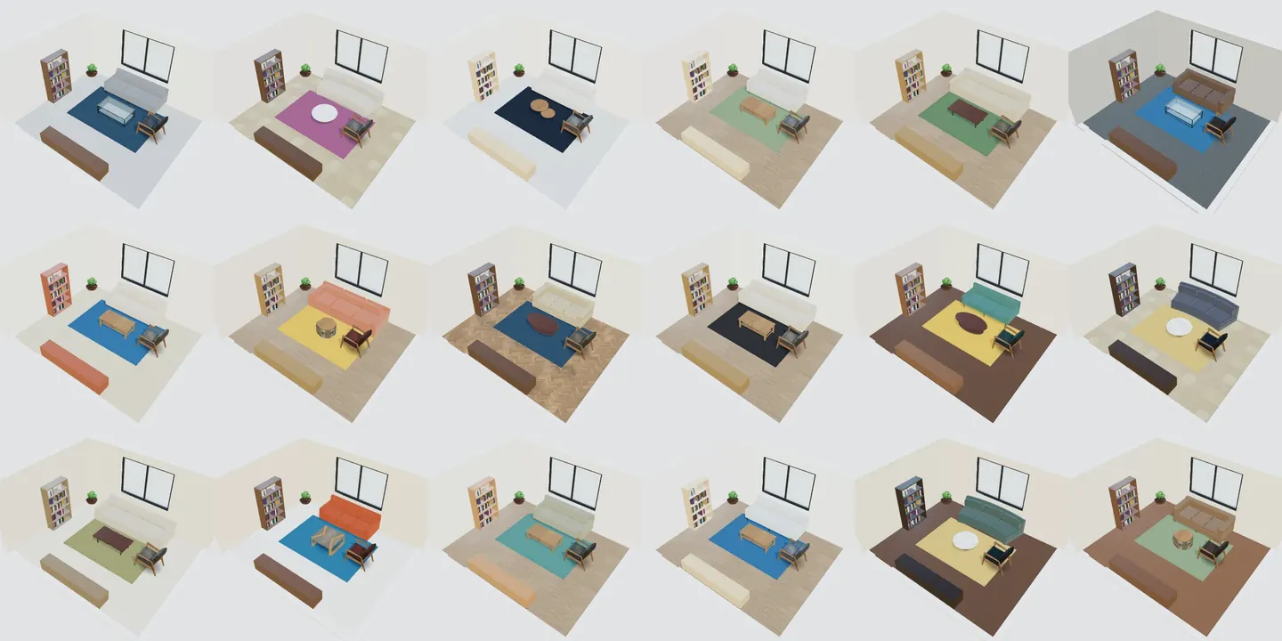The 18 interior styles of the planner shown on the same living room, from Modern and Scandinavian to Art deco and Rustic