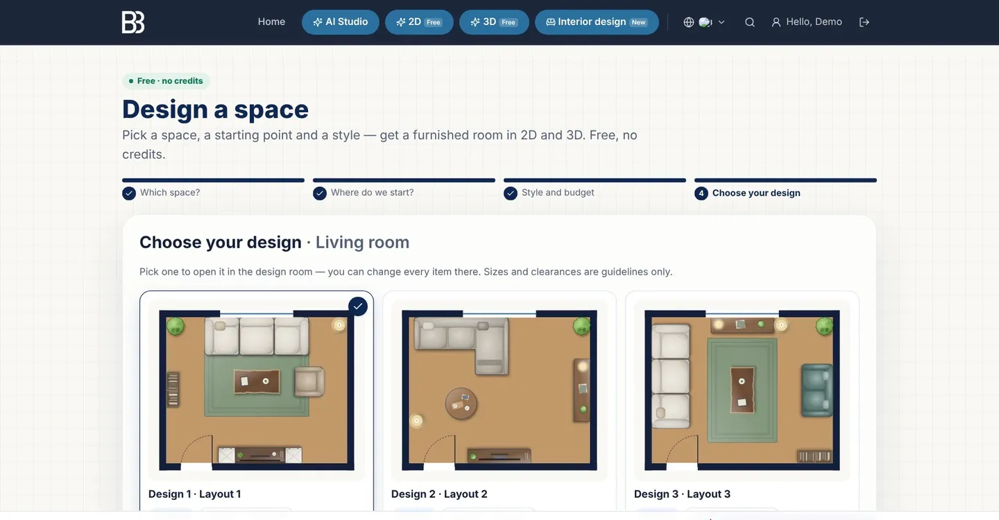Step 4 of the wizard: three furnished living-room layouts drawn as top-view plans, with the Open in the design room button