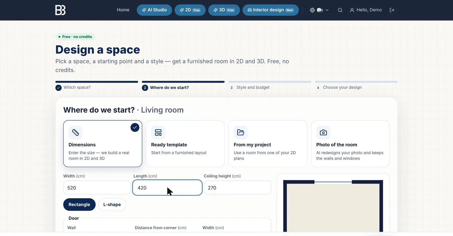 Step 2 of the wizard: Dimensions selected, with width, length and ceiling height fields and a live top-view plan of the room