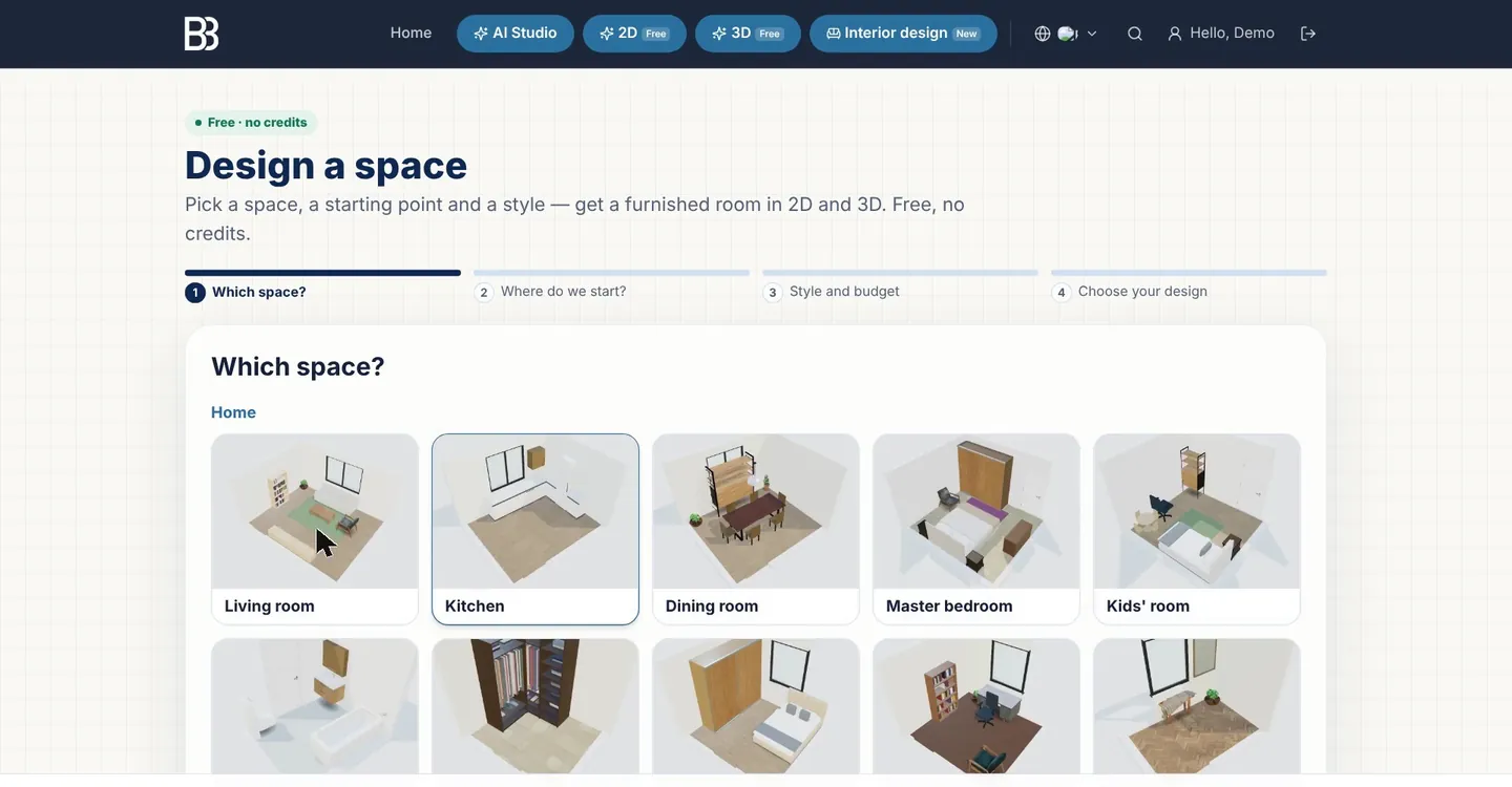 Step 1 of the Design a space wizard: cards for living room, kitchen, dining room, master bedroom and other home spaces