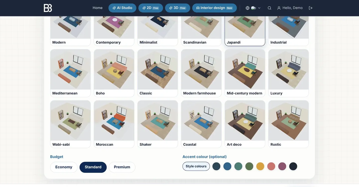 Step 3 of the wizard: 18 style cards, the budget buttons Economy, Standard and Premium, and the accent colour swatches