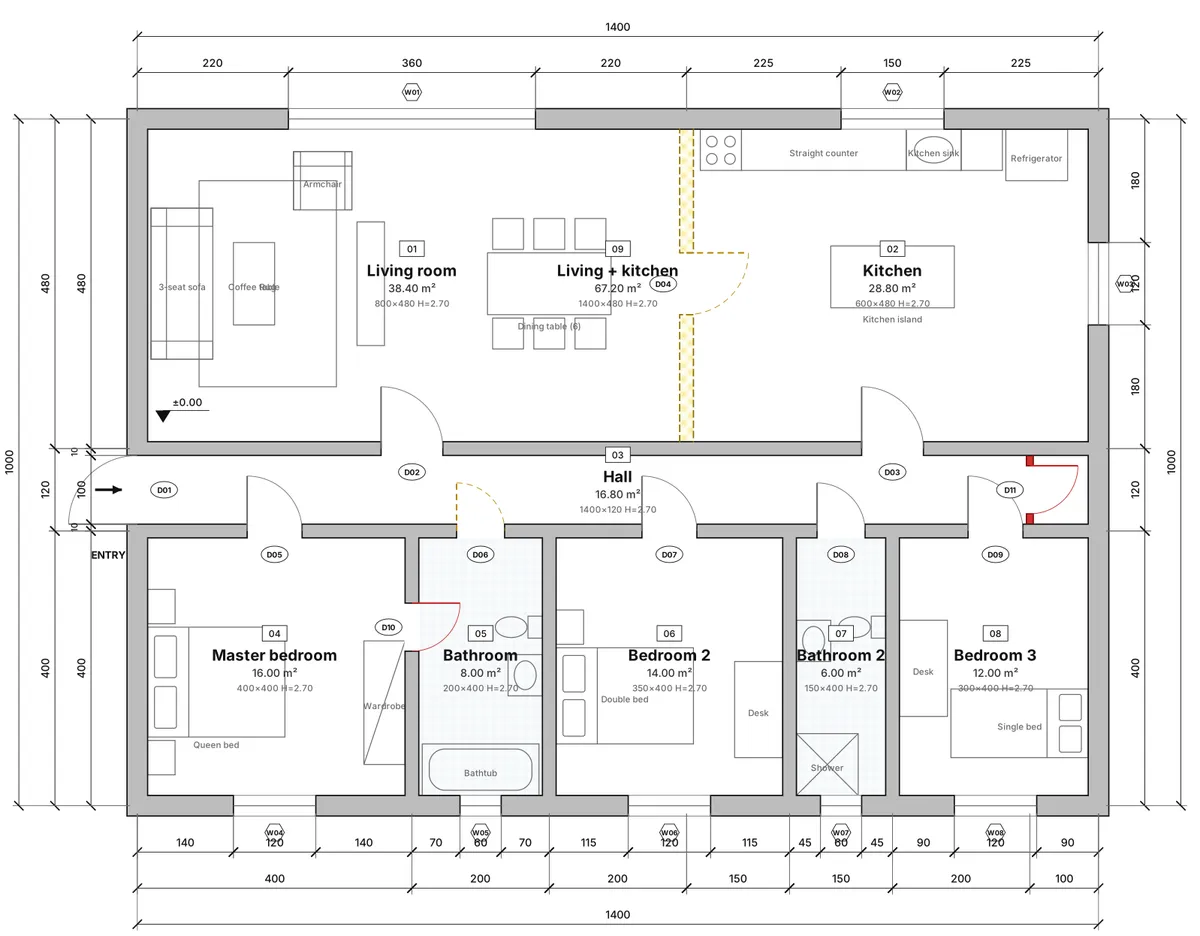 The Combined view: existing walls grey, the wall to demolish yellow with a dashed outline, new walls and doors red, all on one plan