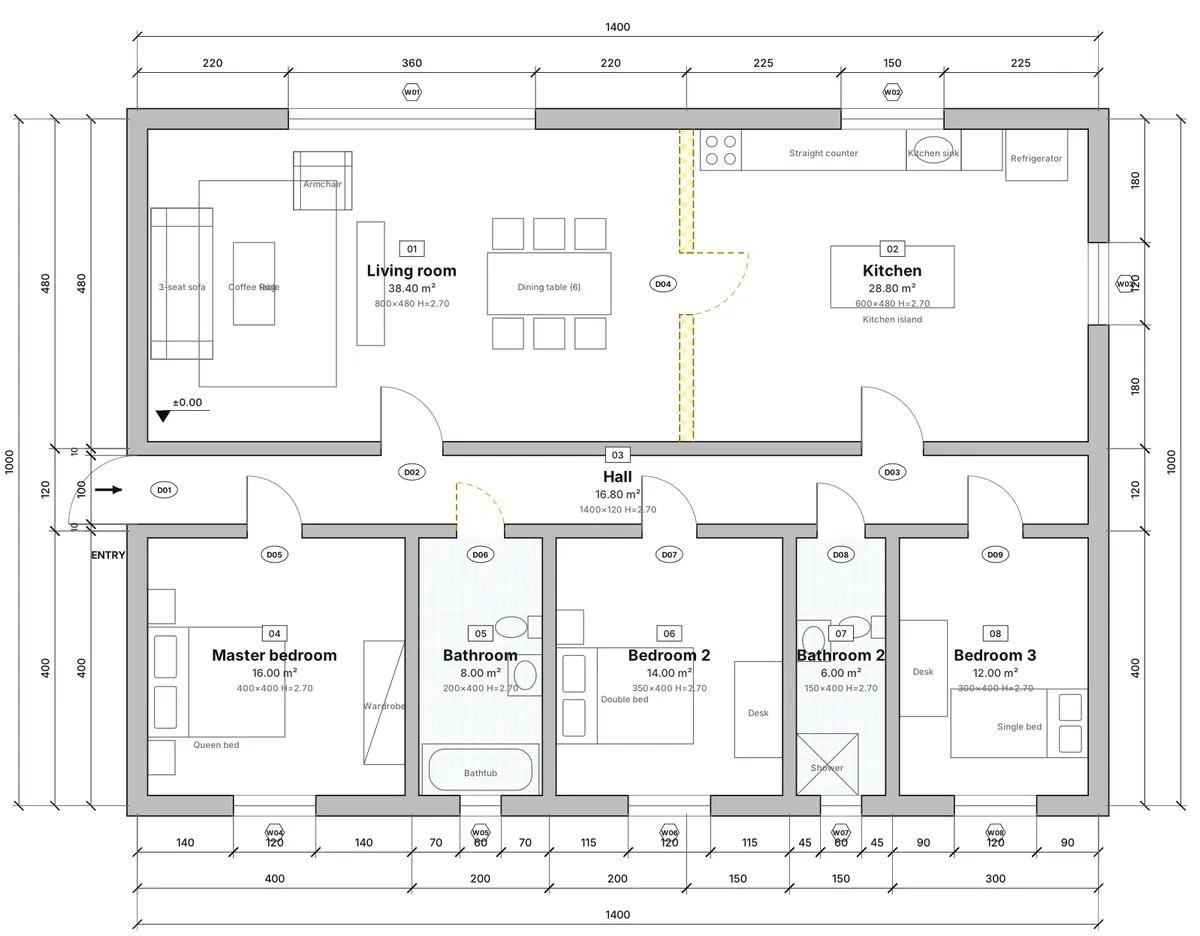 The Existing state view of the sample house: living room and kitchen separated by a yellow dashed wall marked for demolition, bathroom door from the hall dashed