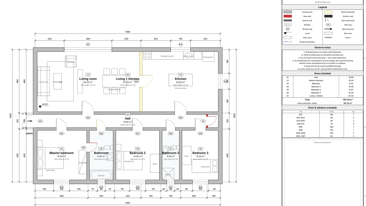An ArchHomeAI architectural sheet of a renovation: grey existing walls, a yellow hatched dashed wall to demolish between the living room and the kitchen, and a new red wall and door, with a legend, area schedule and door schedule