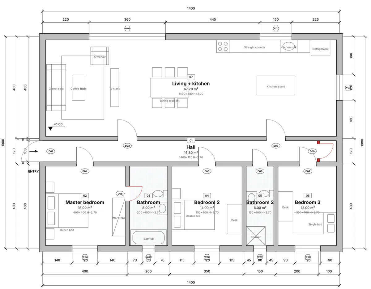 The Proposed view of the same plan: one open living room and kitchen of 67.2 m², a new door from the master bedroom into the bathroom and a new storage closet in the hall shown in red