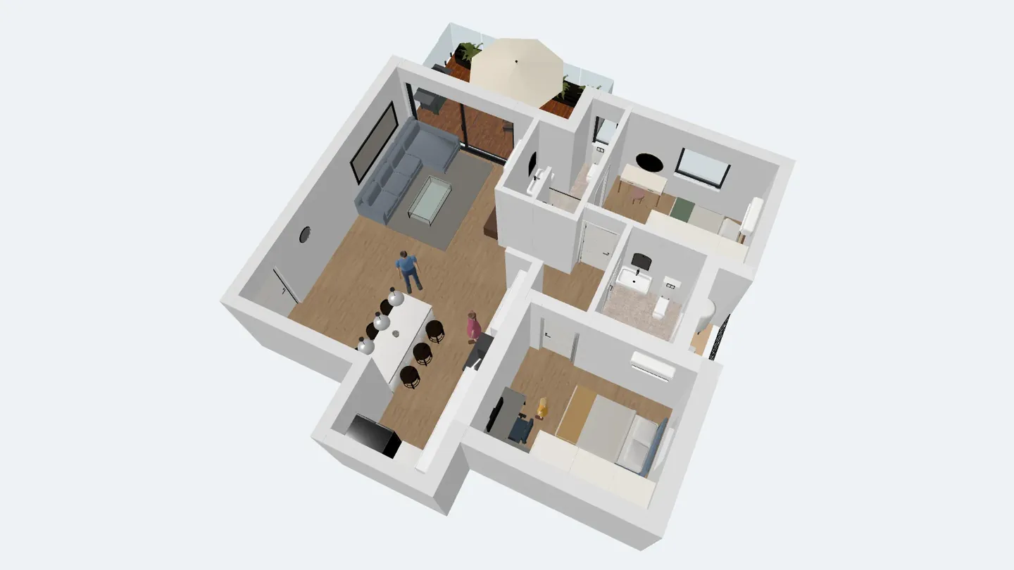 A furnished 3D model of a two-bedroom apartment seen from above, as it appears in the ArchHomeAI AR viewer