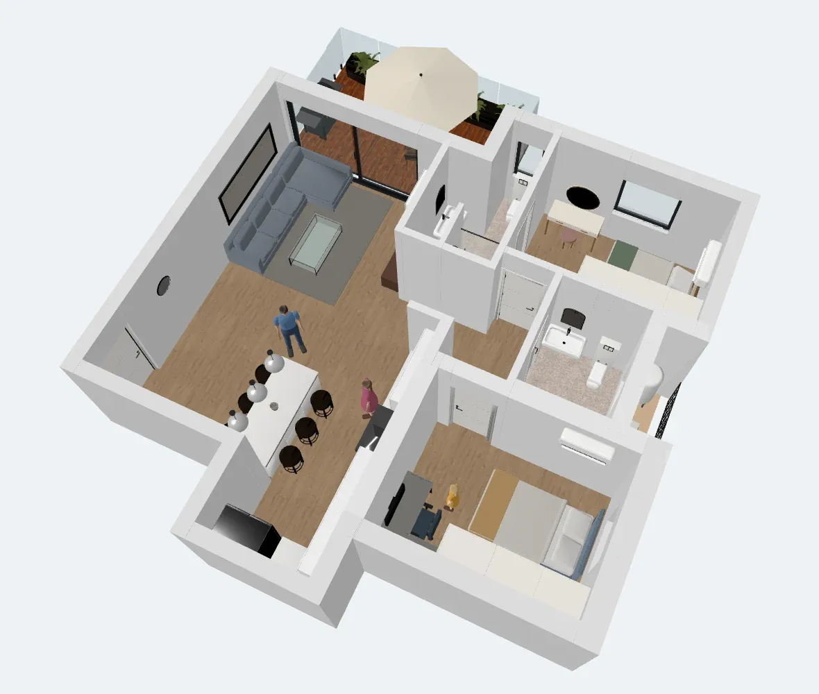 A furnished apartment as a 3D model seen from above: living room with kitchen island, two bathrooms, bedrooms and a terrace