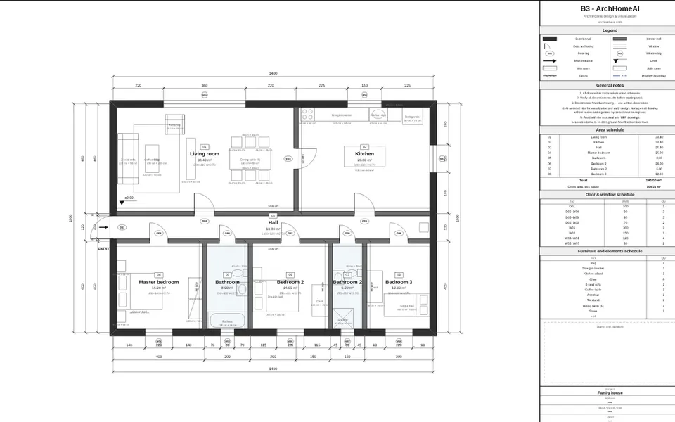 An architectural sheet with dimensions and schedules (ArchHomeAI)