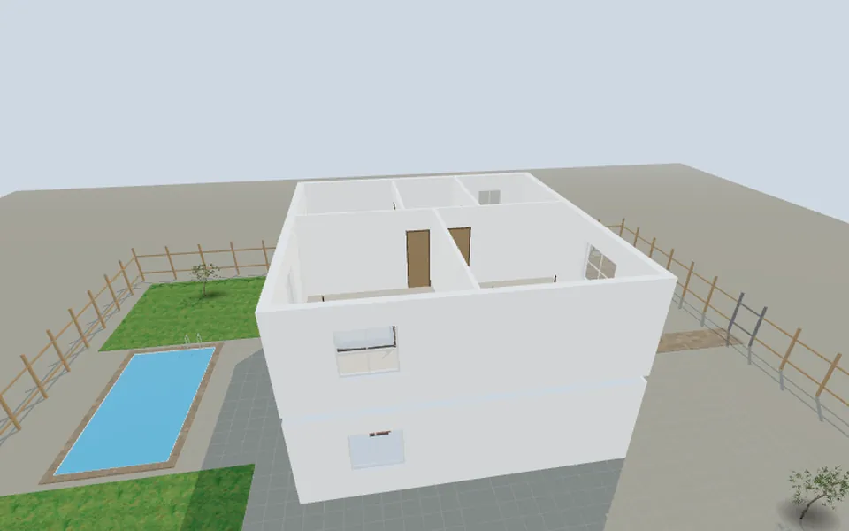 An automatic tour of a two-storey house with a garden and a pool (ArchHomeAI)